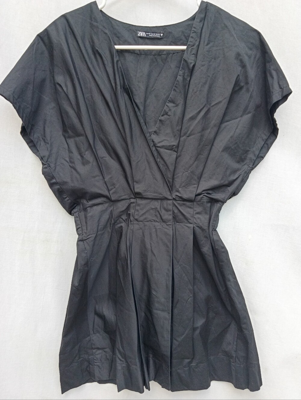 Zara Black V-neck Pleated Cotton Poplin Mini Dress Y2K Retro Size XS